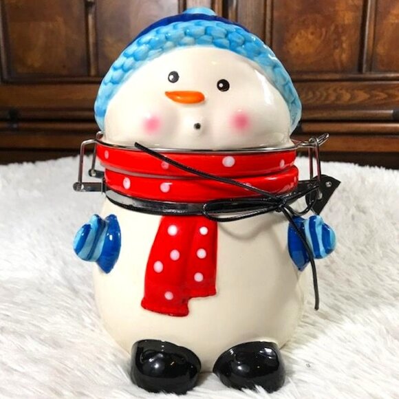 NWOT Premium Ceramic Snowman Latch Closure Cookie Jar - Picture 1 of 10